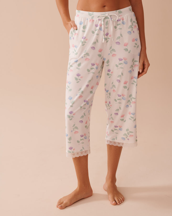 Tulip Print Super Soft Capris - Snow White Multi Floral