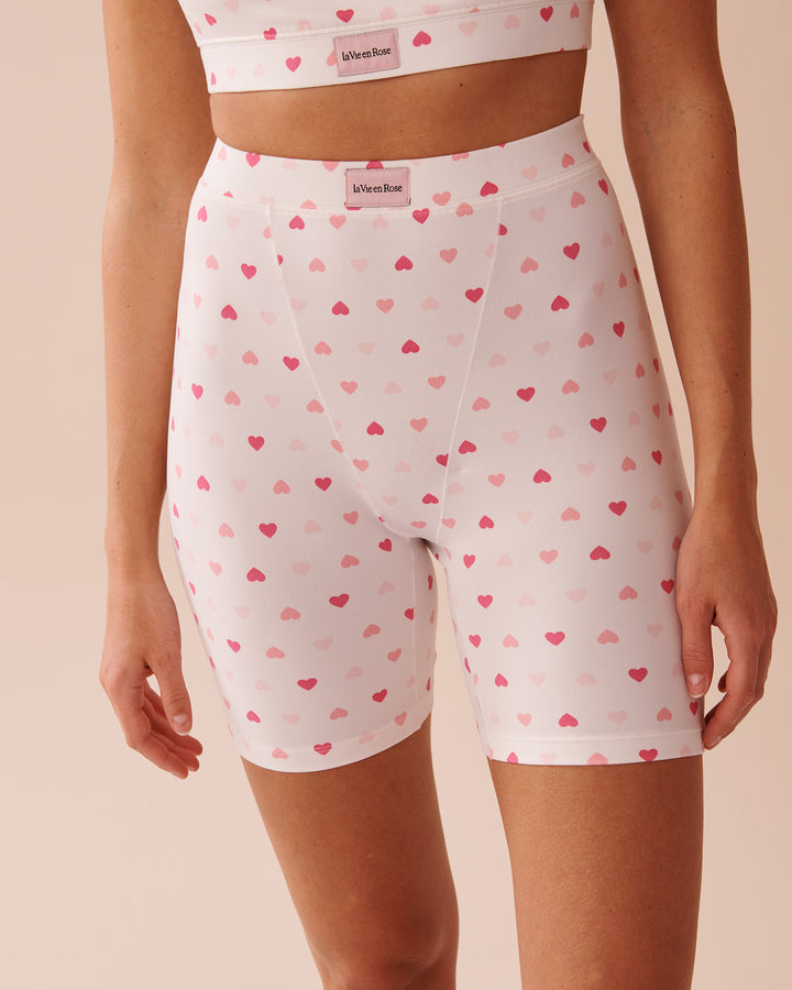 Heart Print Super Soft Biker Style Pajama Shorts - Snow White Hearts