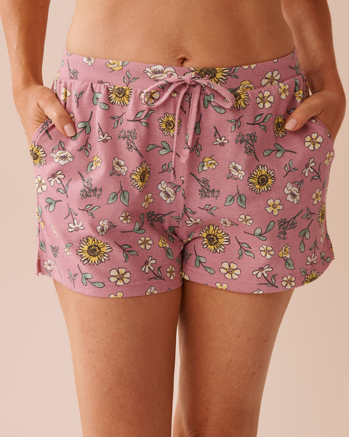 Sunflower Print Cotton Pajama Shorts - Frosty Green Plaid