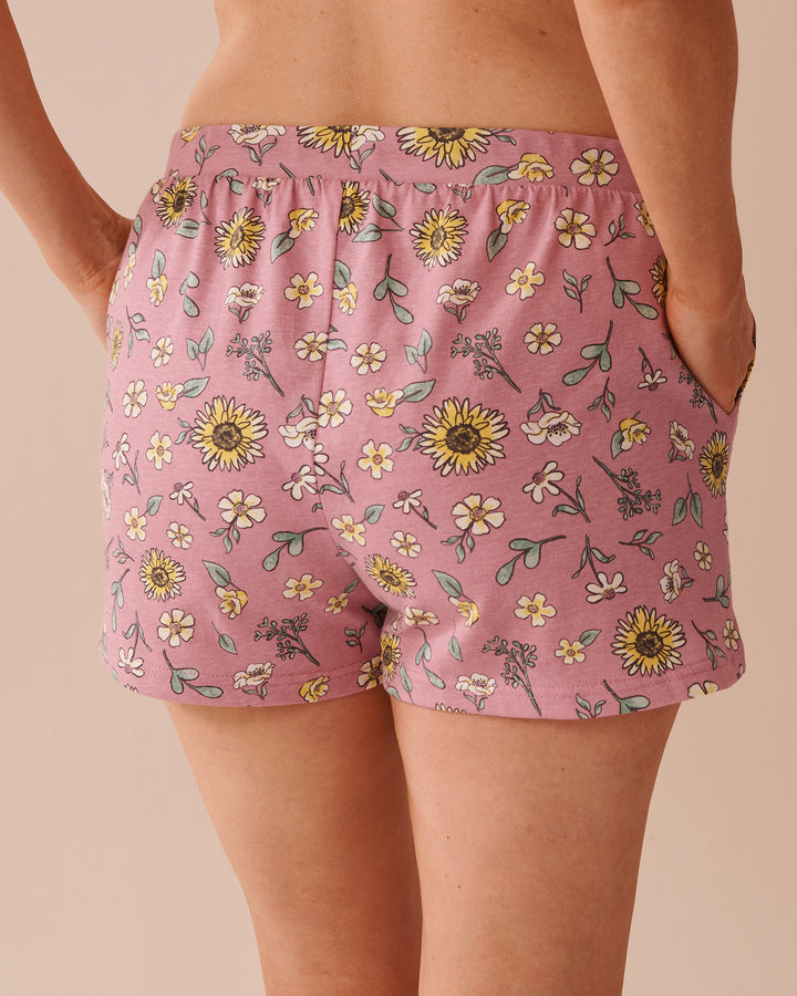 Sunflower Print Cotton Pajama Shorts - Frosty Green Plaid