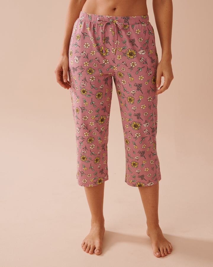 Sunflower Print Cotton Capris - Snow White Honeycomb