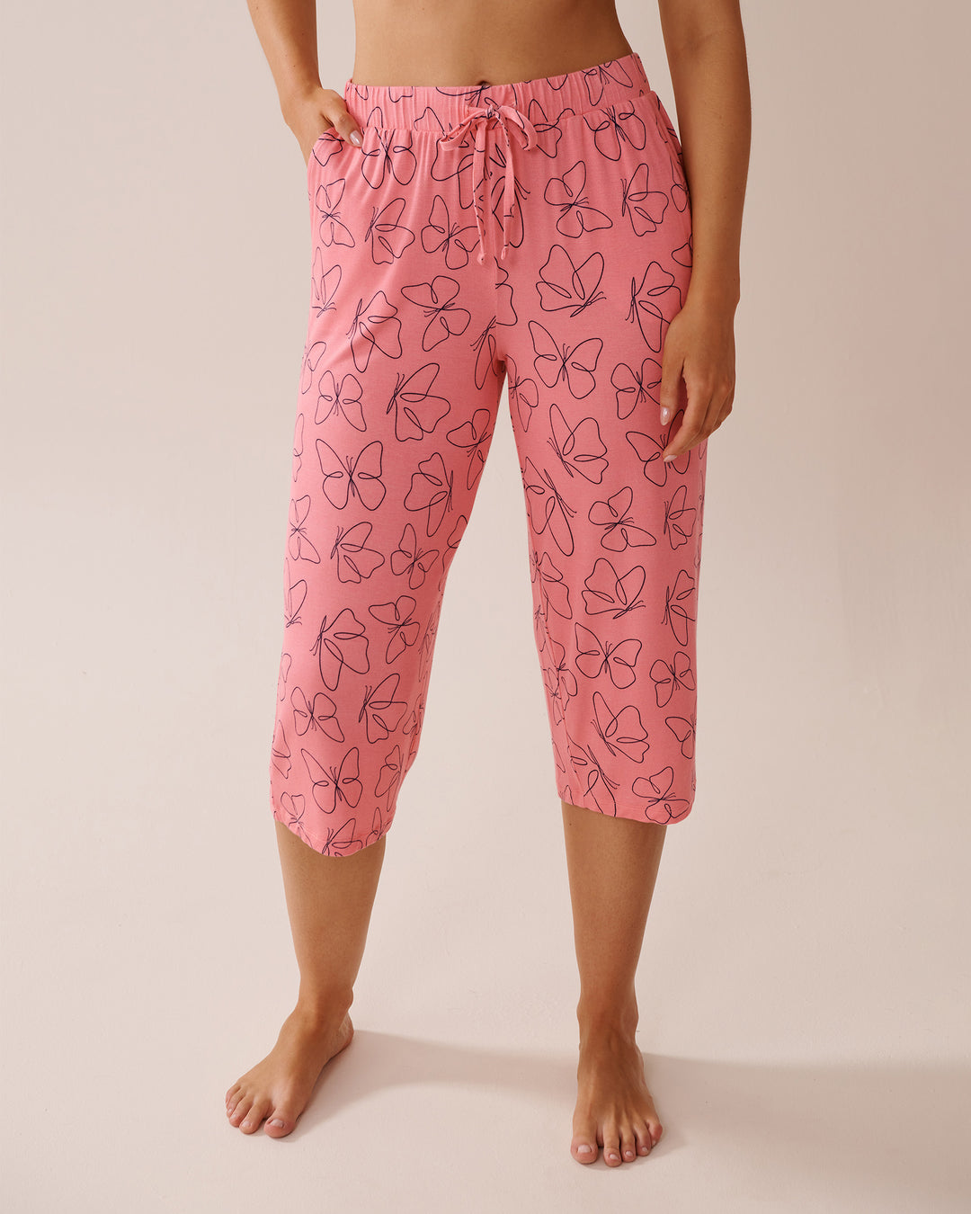 Butterfly Print Soft Jersey Pajama Capris - Salmon Butterfly