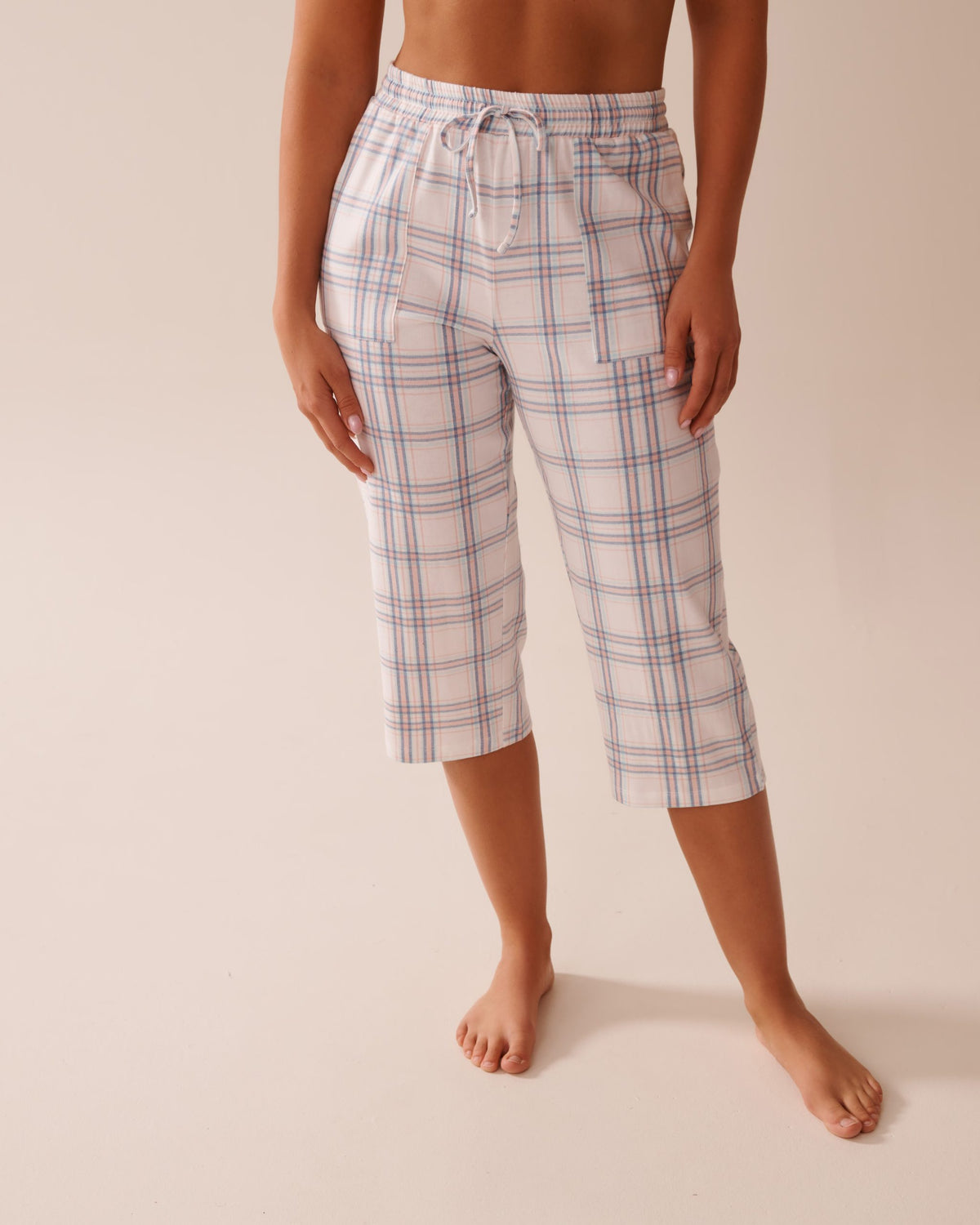 Snail Print Cotton Pajama Capris - Peachskin Plaid