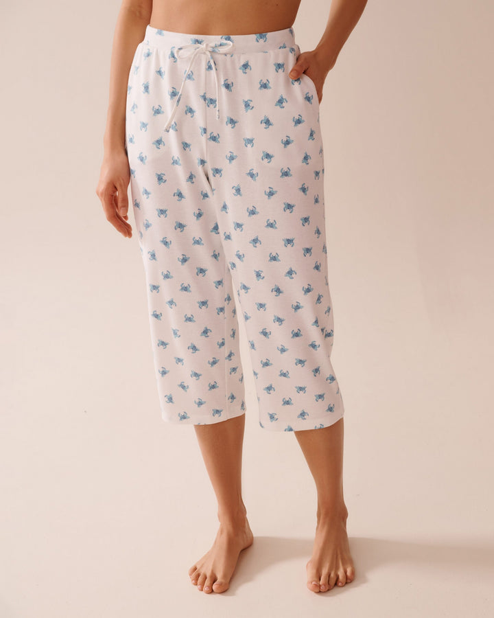 Ditsy Floral Print Ribbed Pajama Capris - Snow White Crab