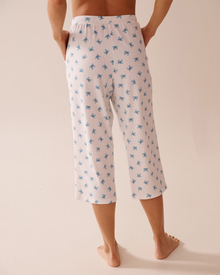 Ditsy Floral Print Ribbed Pajama Capris - Snow White Crab