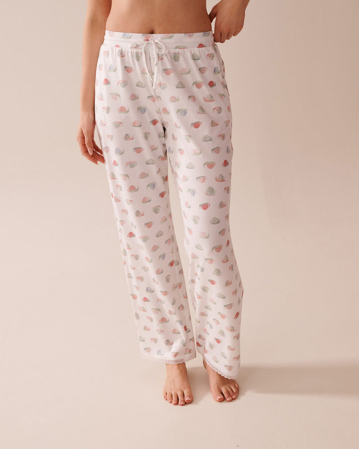 Snail Print Lace Trim Super Soft Pajama Pants - Snow White Snail