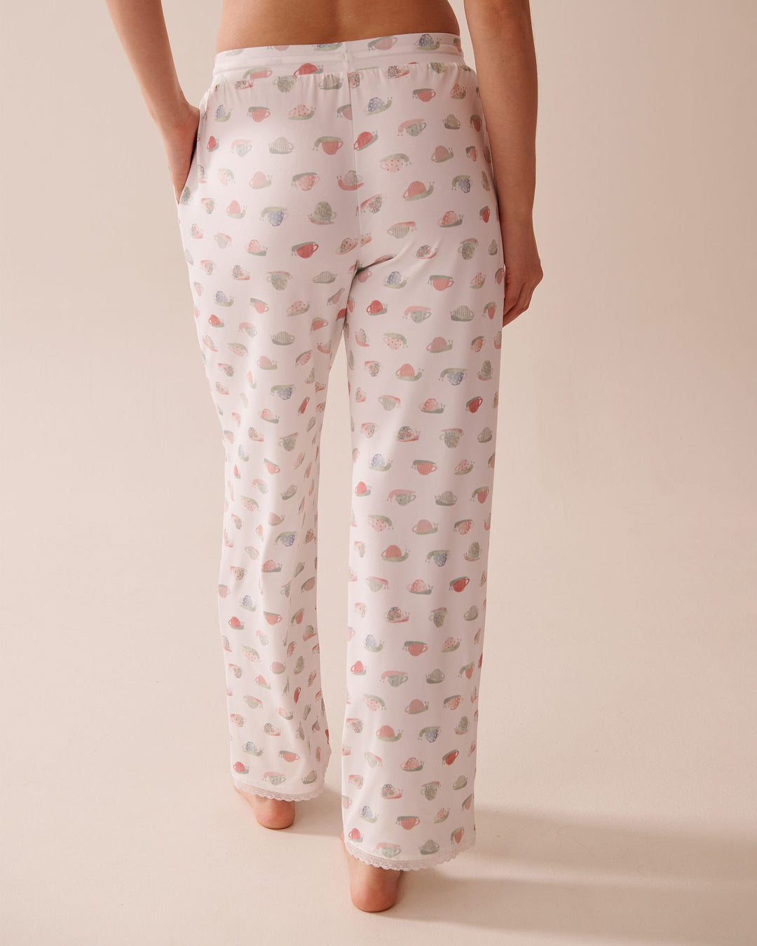Snail Print Lace Trim Super Soft Pajama Pants - Snow White Snail