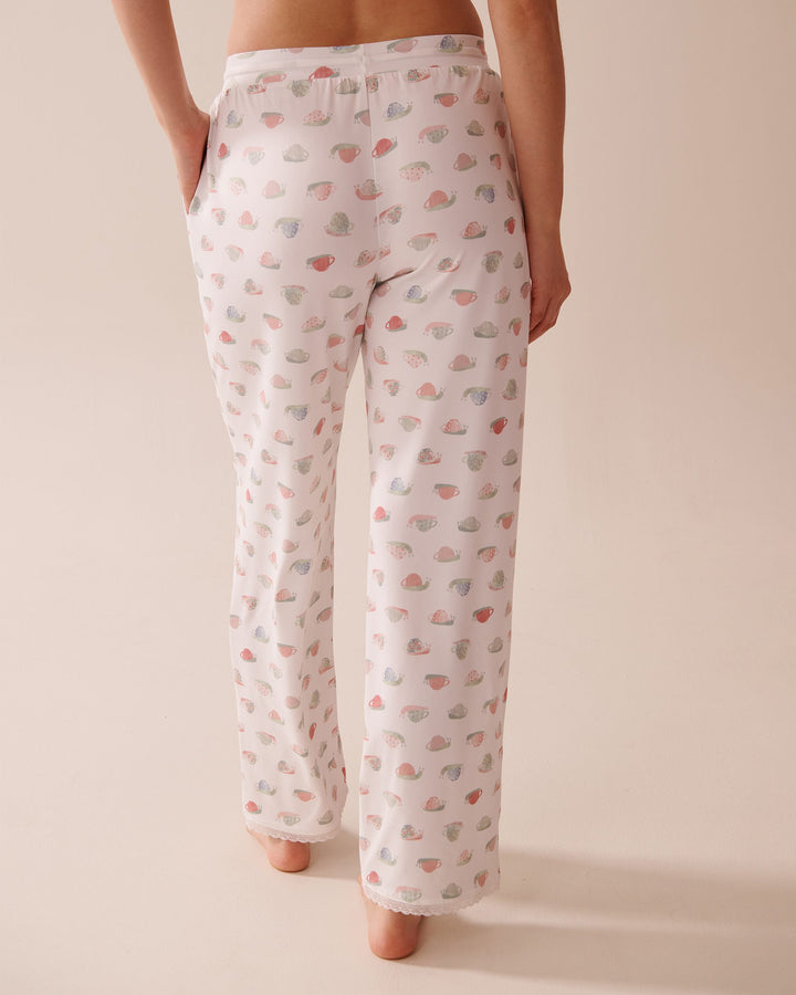 Snail Print Lace Trim Super Soft Pajama Pants - Snow White Snail