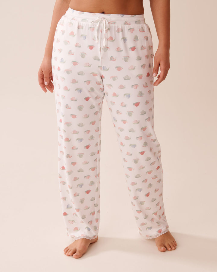 Snail Print Lace Trim Super Soft Pajama Pants - Snow White Snail
