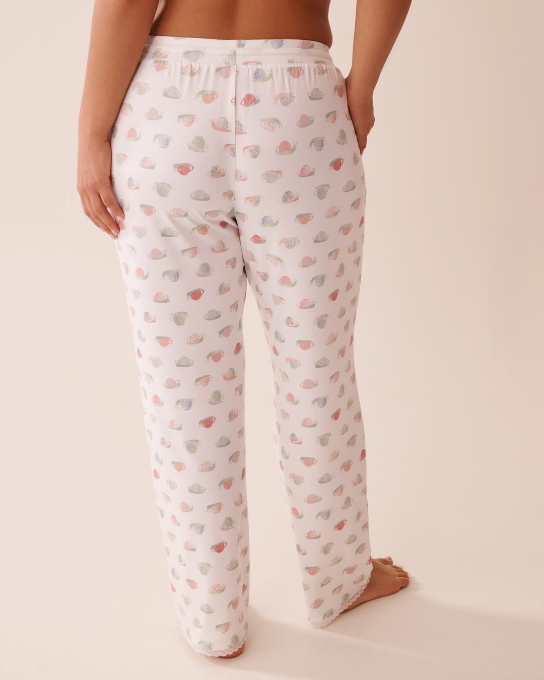 Snail Print Lace Trim Super Soft Pajama Pants - Snow White Snail