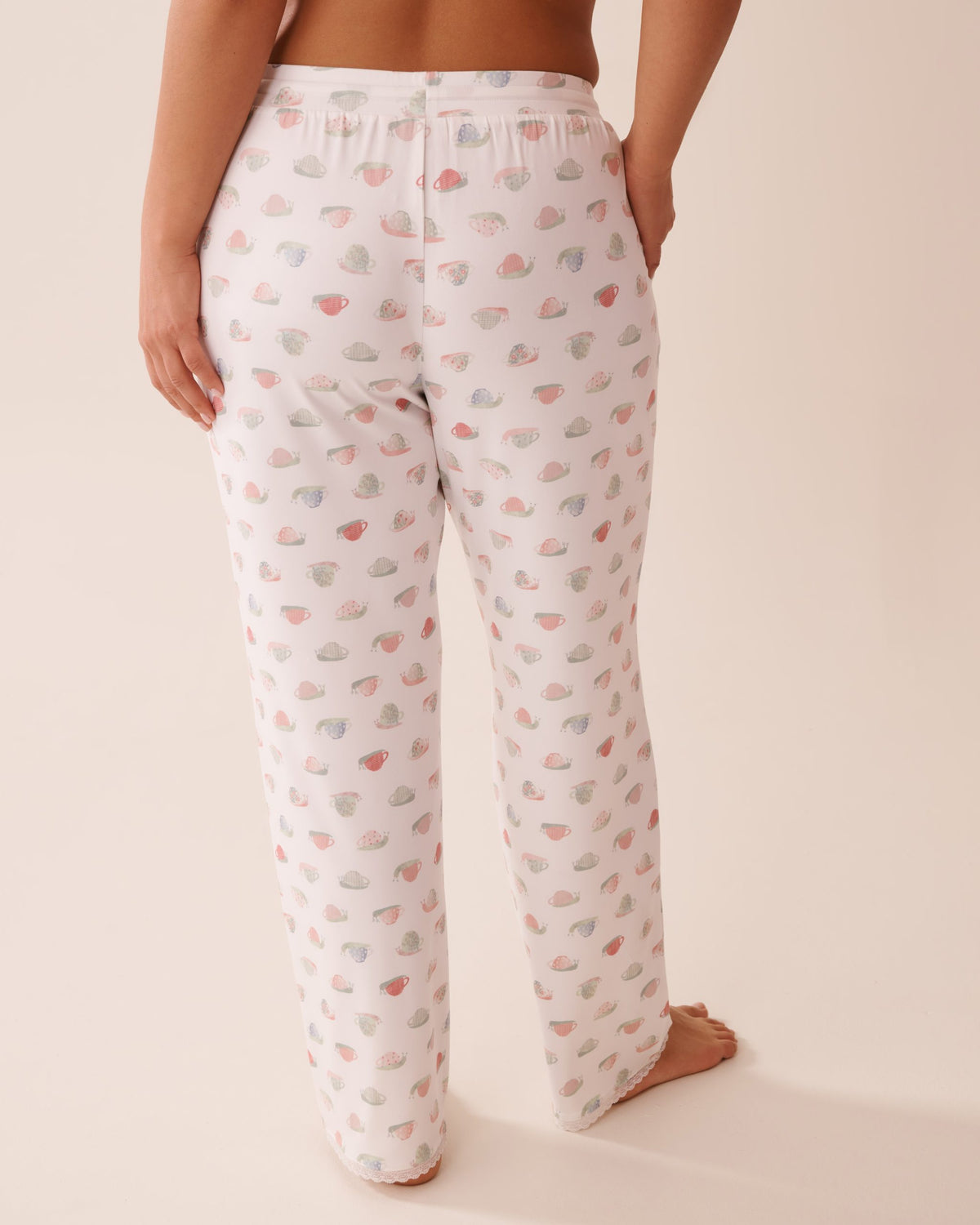 Snail Print Lace Trim Super Soft Pajama Pants - Snow White Snail