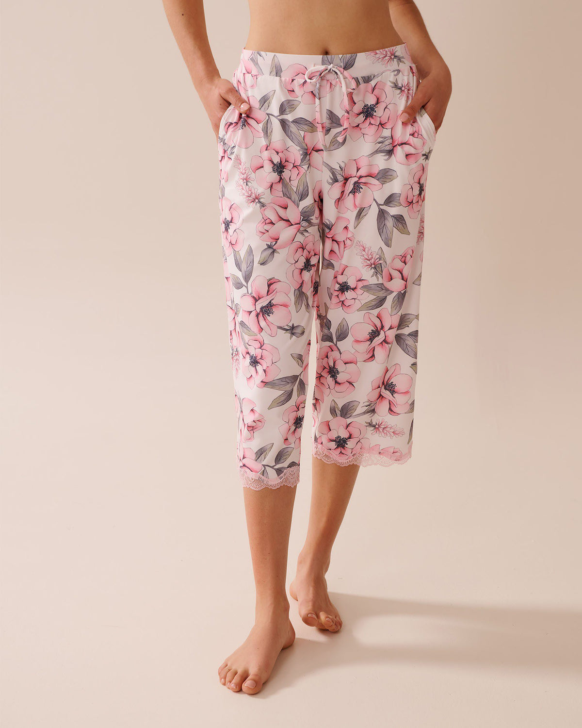 Camellia Print Lace Trim Super Soft Pajama Capris - Snow White Big Floral