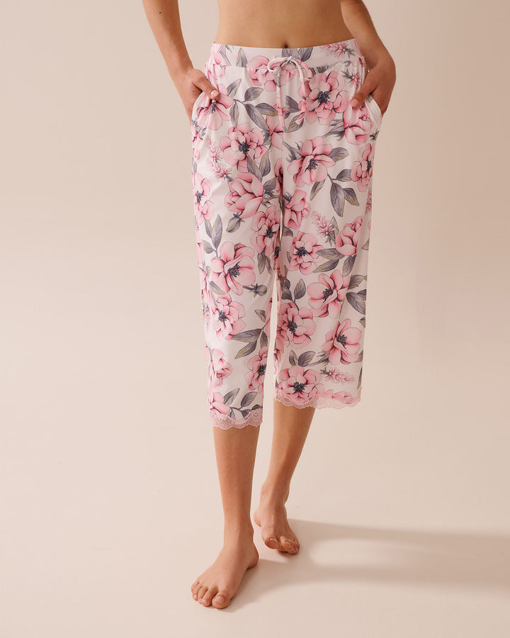 Camellia Print Lace Trim Super Soft Pajama Capris - Snow White Big Floral