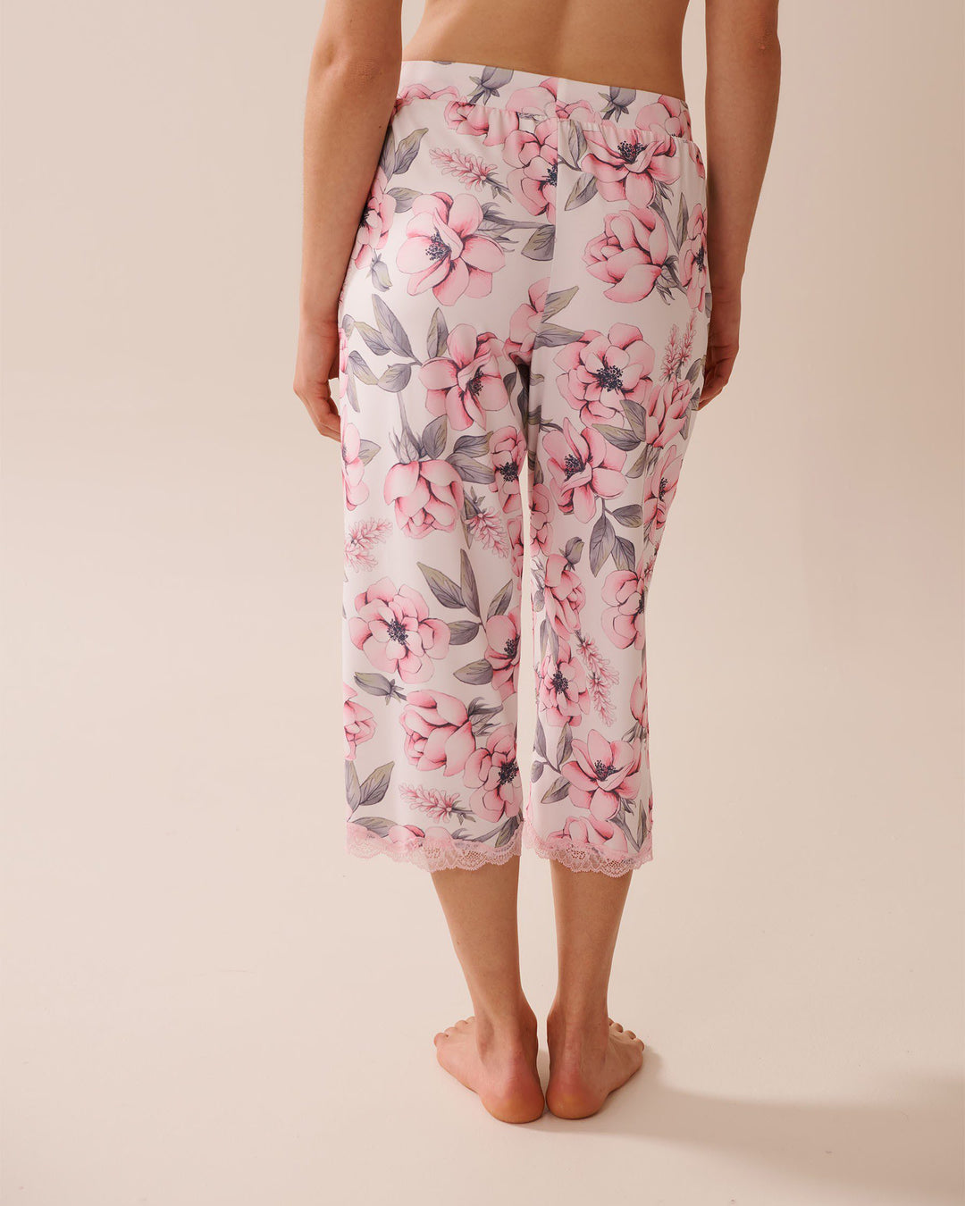 Camellia Print Lace Trim Super Soft Pajama Capris - Snow White Big Floral