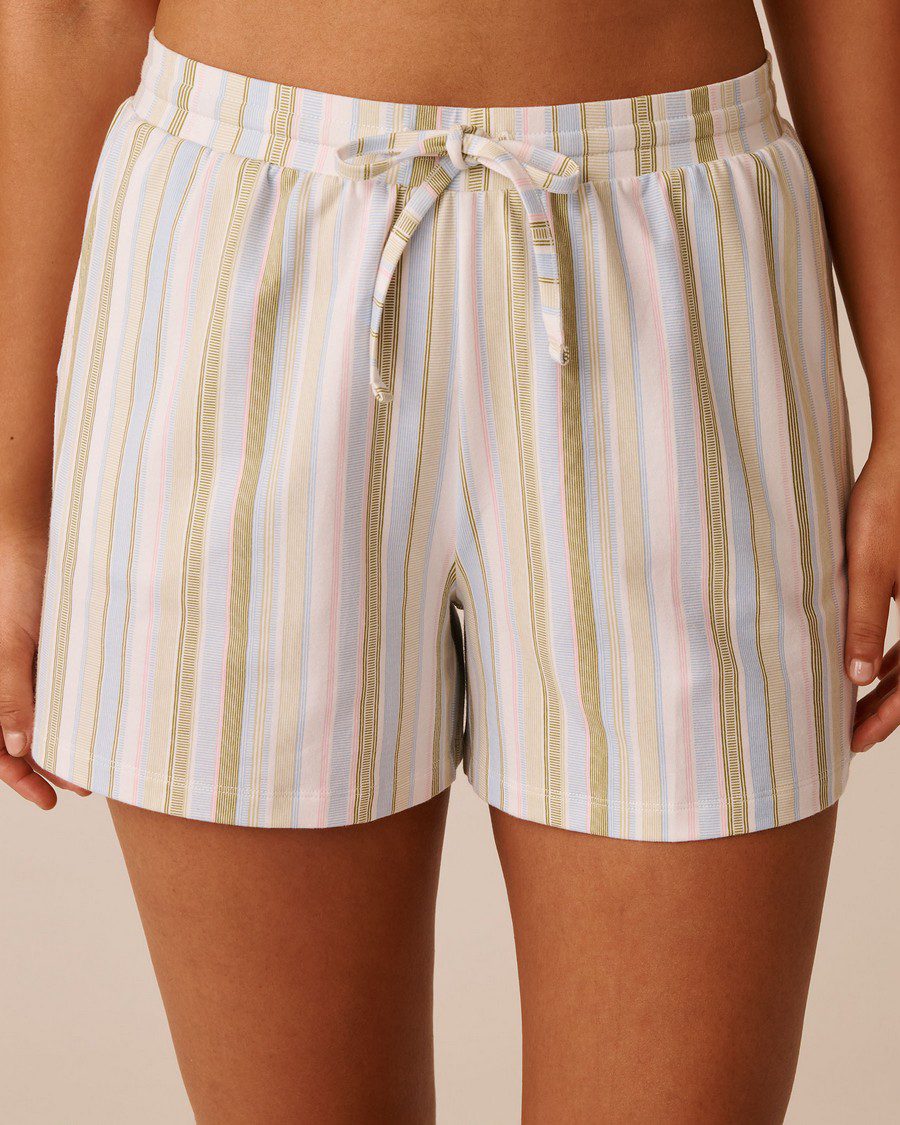 Green Stripe Print Cotton Pajama Shorts - Snow White Olive Stripe