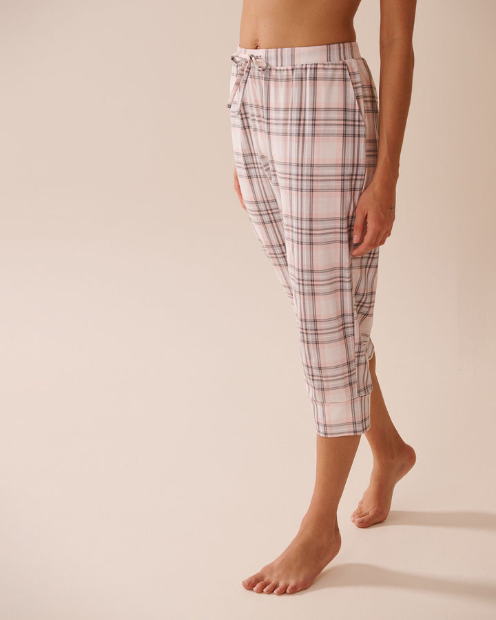 Mouse Print Cotton Fitted Pajama Capris - Snow White Lotus Plaid