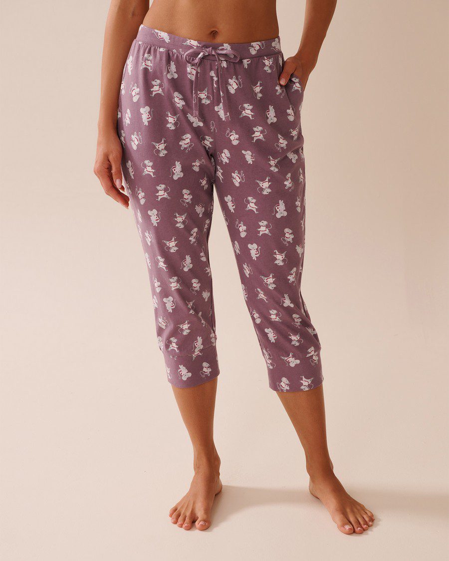 Mouse Print Cotton Fitted Pajama Capris - Grapeade Mouse