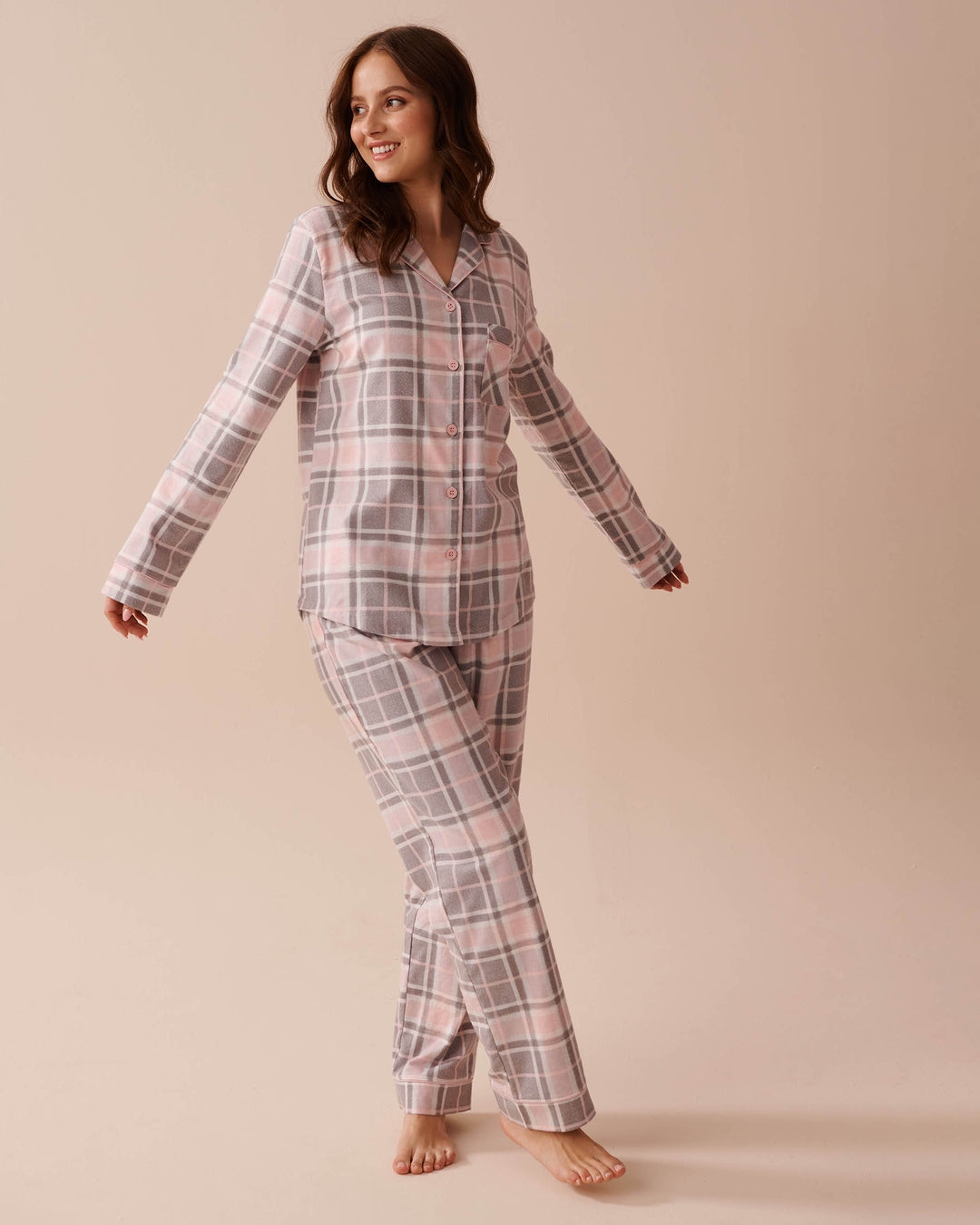 Teddy Bear Print Flannel PJ Set - Pastel Lilac Deer