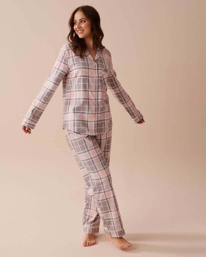 Teddy Bear Print Flannel PJ Set - Pastel Lilac Deer