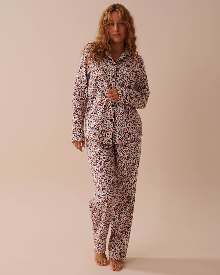 Teddy Bear Print Flannel PJ Set - Pastel Lilac Deer