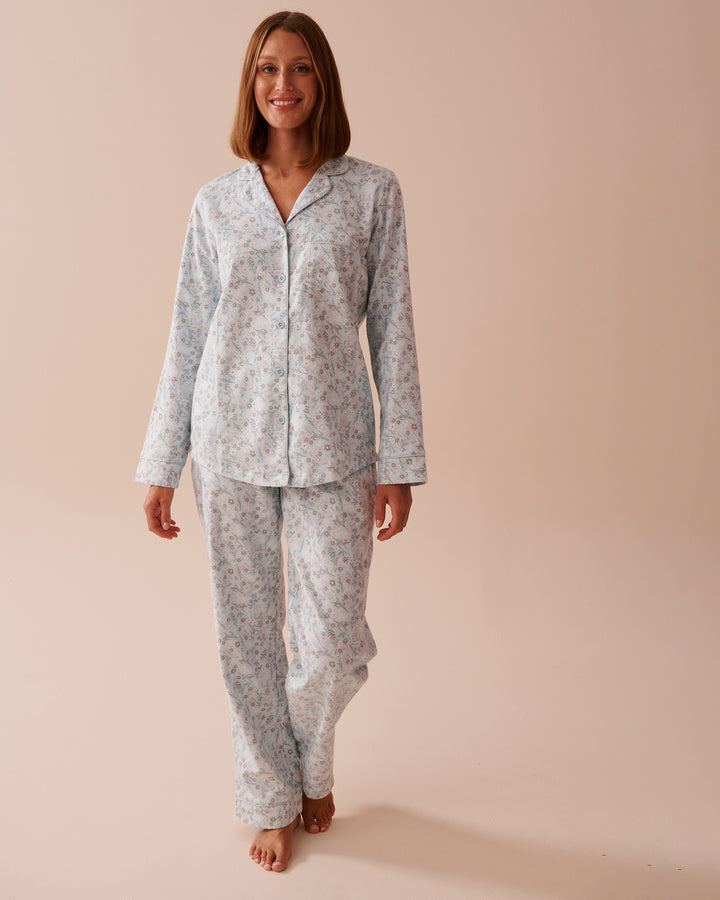 Teddy Bear Print Flannel PJ Set - Pastel Lilac Deer