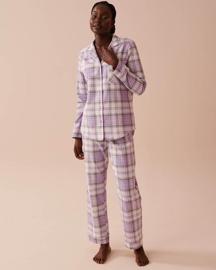 Teddy Bear Print Flannel PJ Set - Pastel Lilac Deer