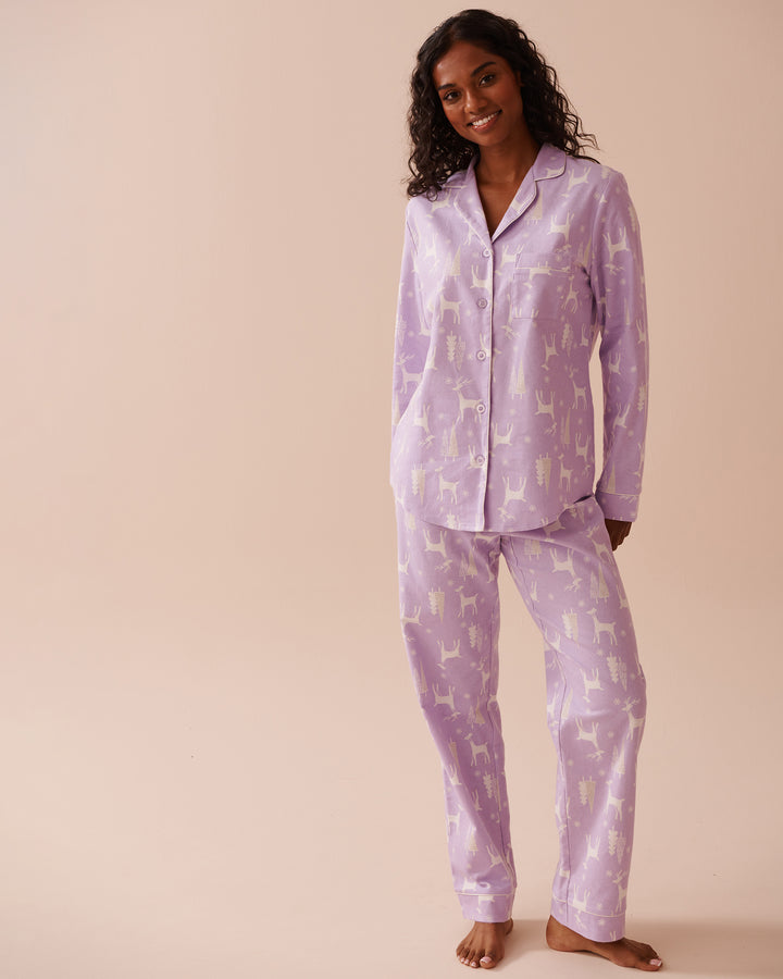Teddy Bear Print Flannel PJ Set - Pastel Lilac Deer