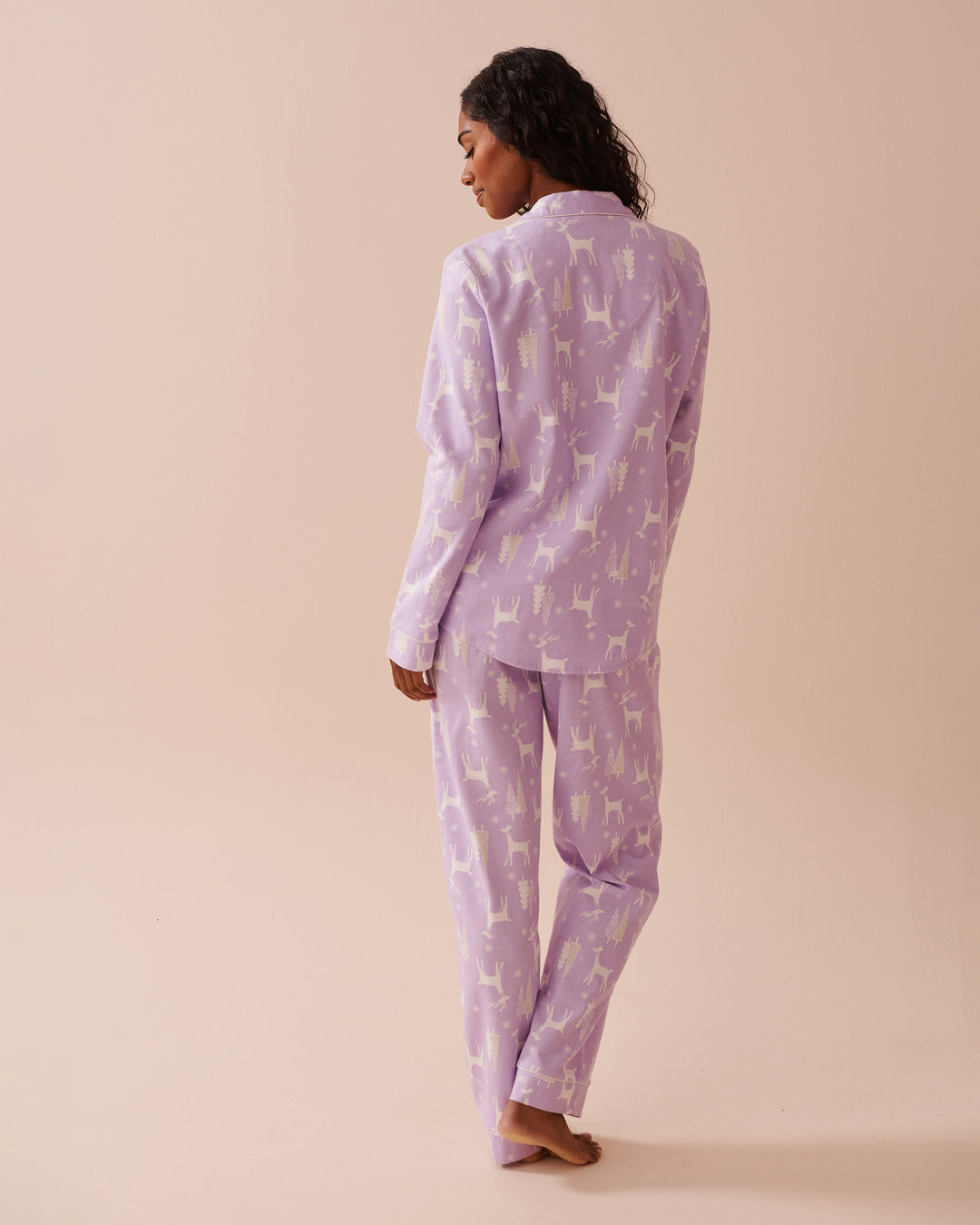 Teddy Bear Print Flannel PJ Set - Pastel Lilac Deer