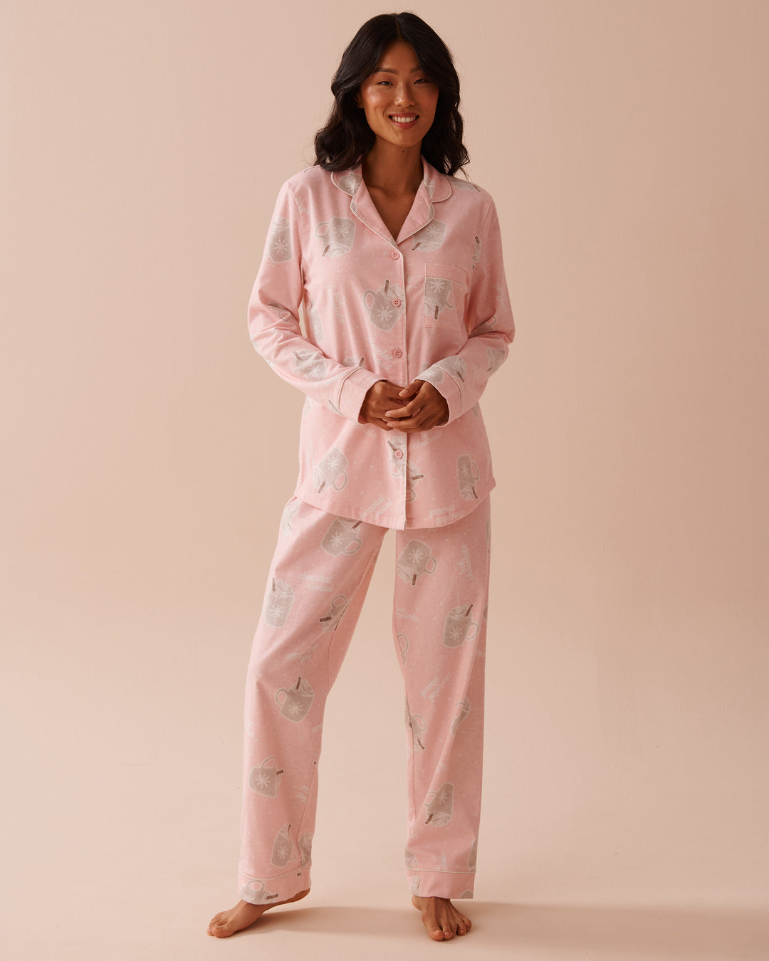 Teddy Bear Print Flannel PJ Set - Pastel Lilac Deer