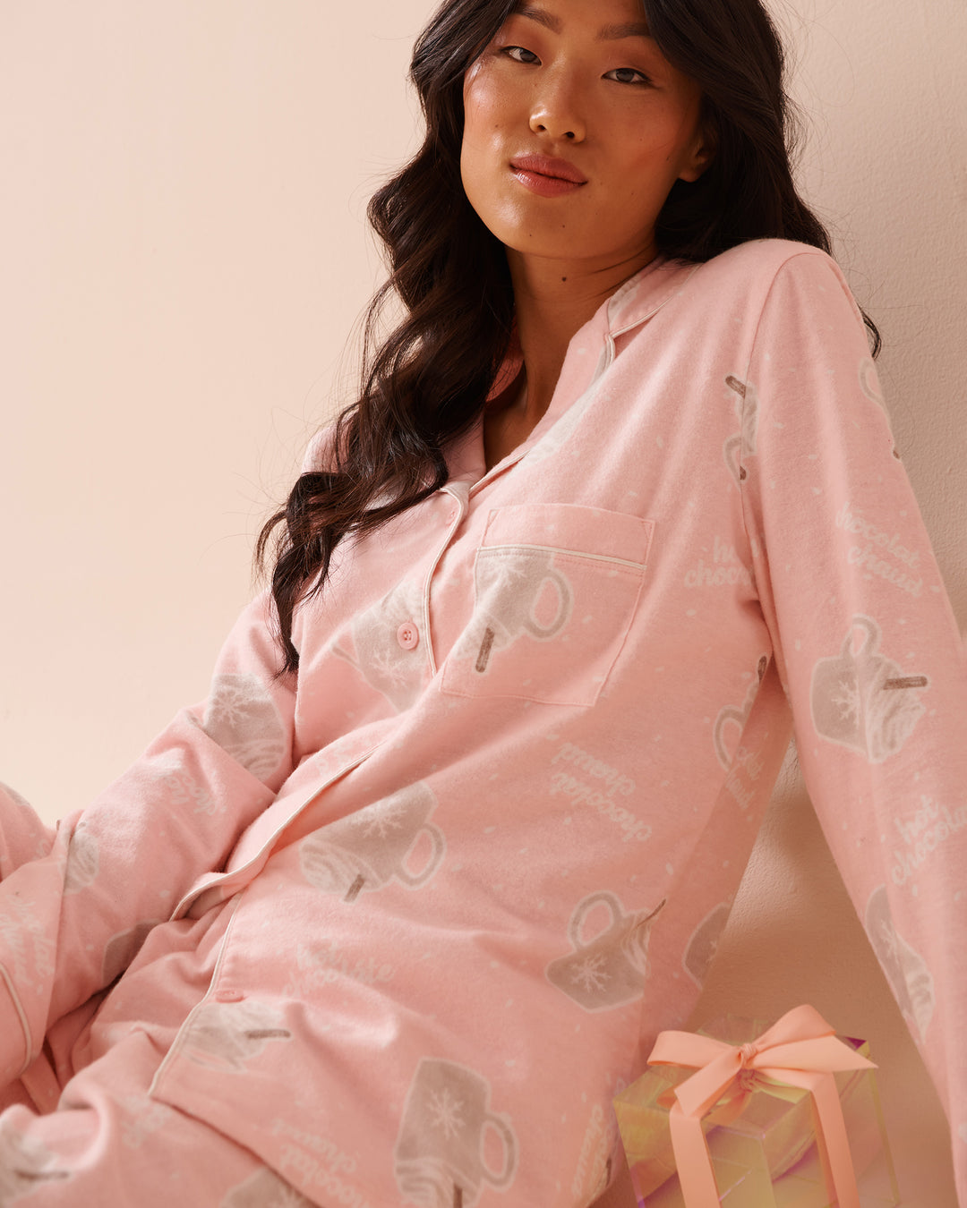 Teddy Bear Print Flannel PJ Set - Pastel Lilac Deer
