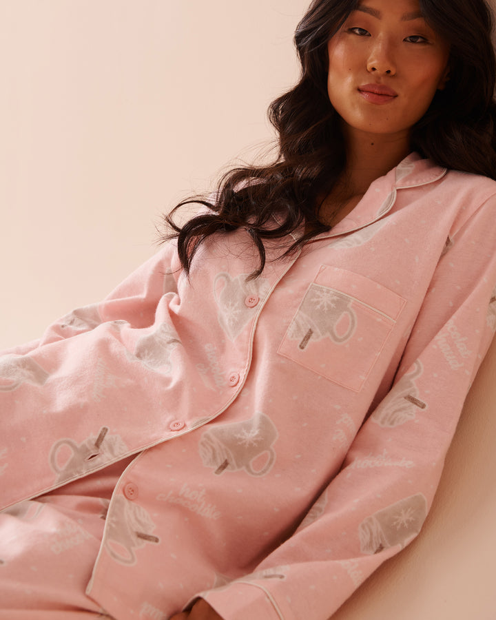 Teddy Bear Print Flannel PJ Set - Pastel Lilac Deer