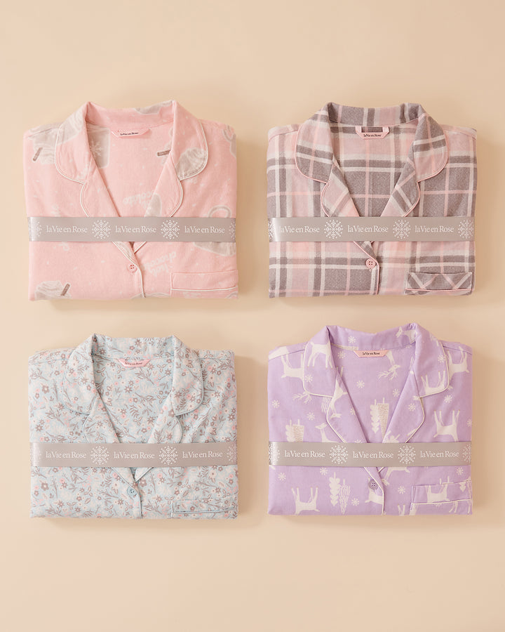 Teddy Bear Print Flannel PJ Set - Pastel Lilac Deer