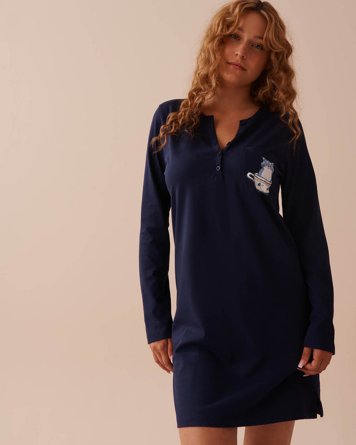 Cupcake Print Cotton Long Sleeve Sleepshirt - Evening Blue
