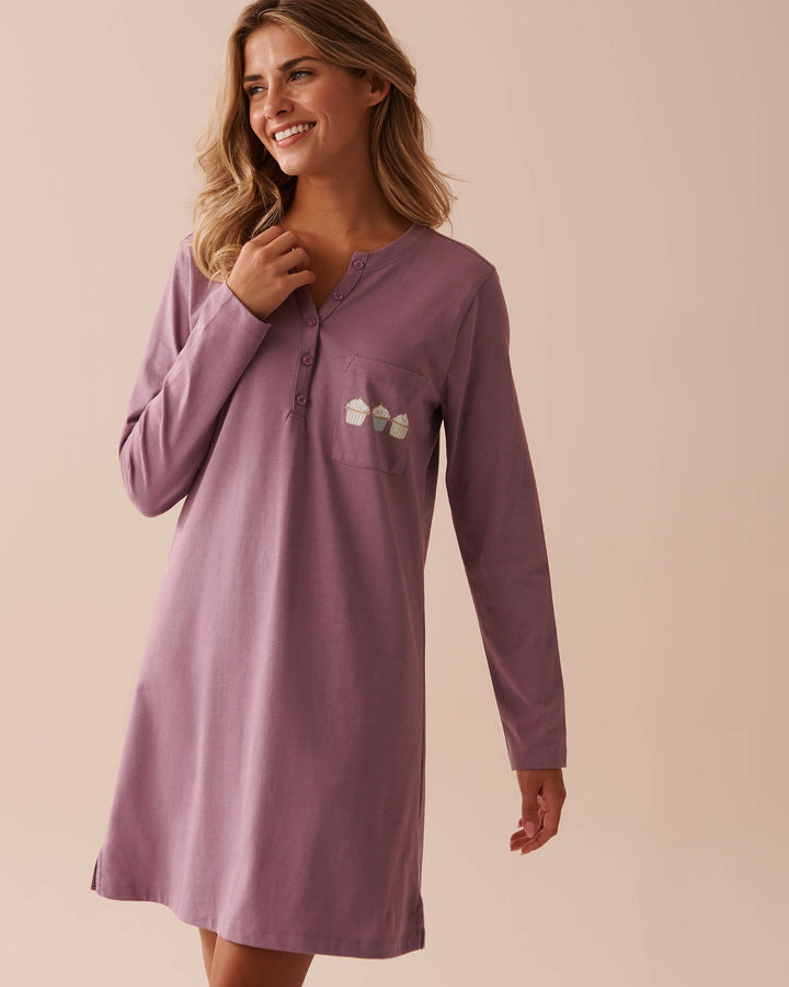 Cupcake Print Cotton Long Sleeve Sleepshirt - Evening Blue