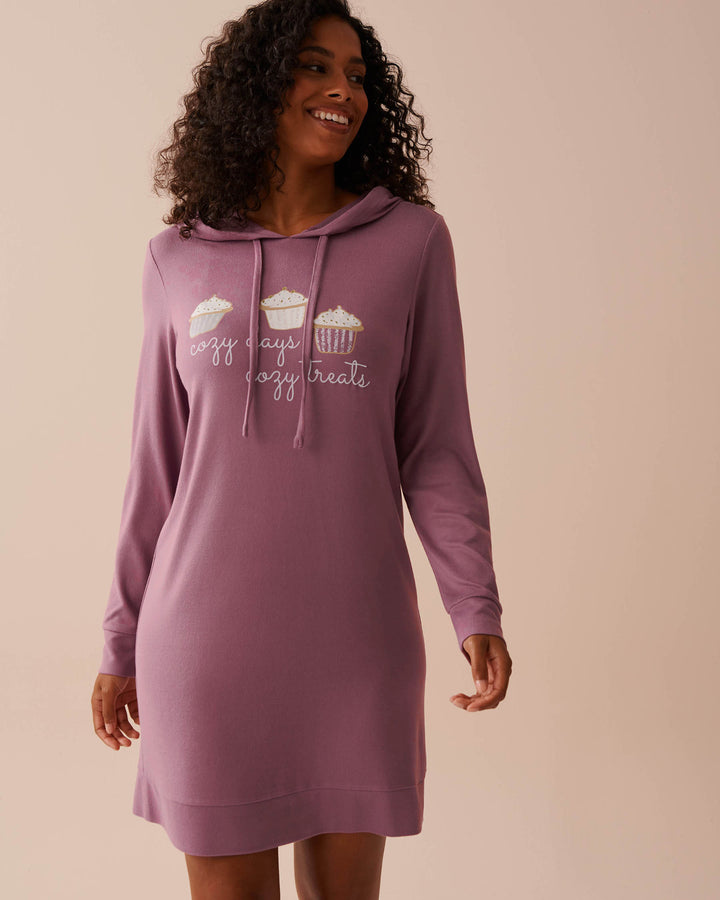 Recycled Fibers Long Sleeve Hooded Sleepshirt - Comfy Grey Mix Printed
