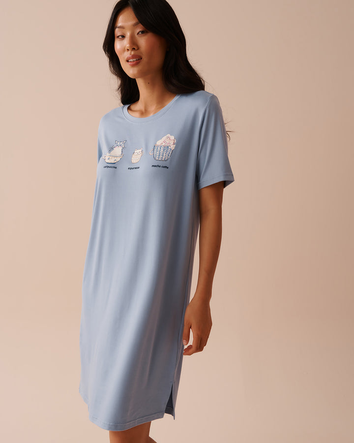Cat Print Super Soft Sleepshirt - Forever Blue