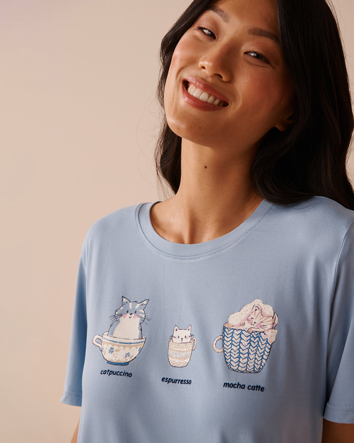 Cat Print Super Soft Sleepshirt - Forever Blue