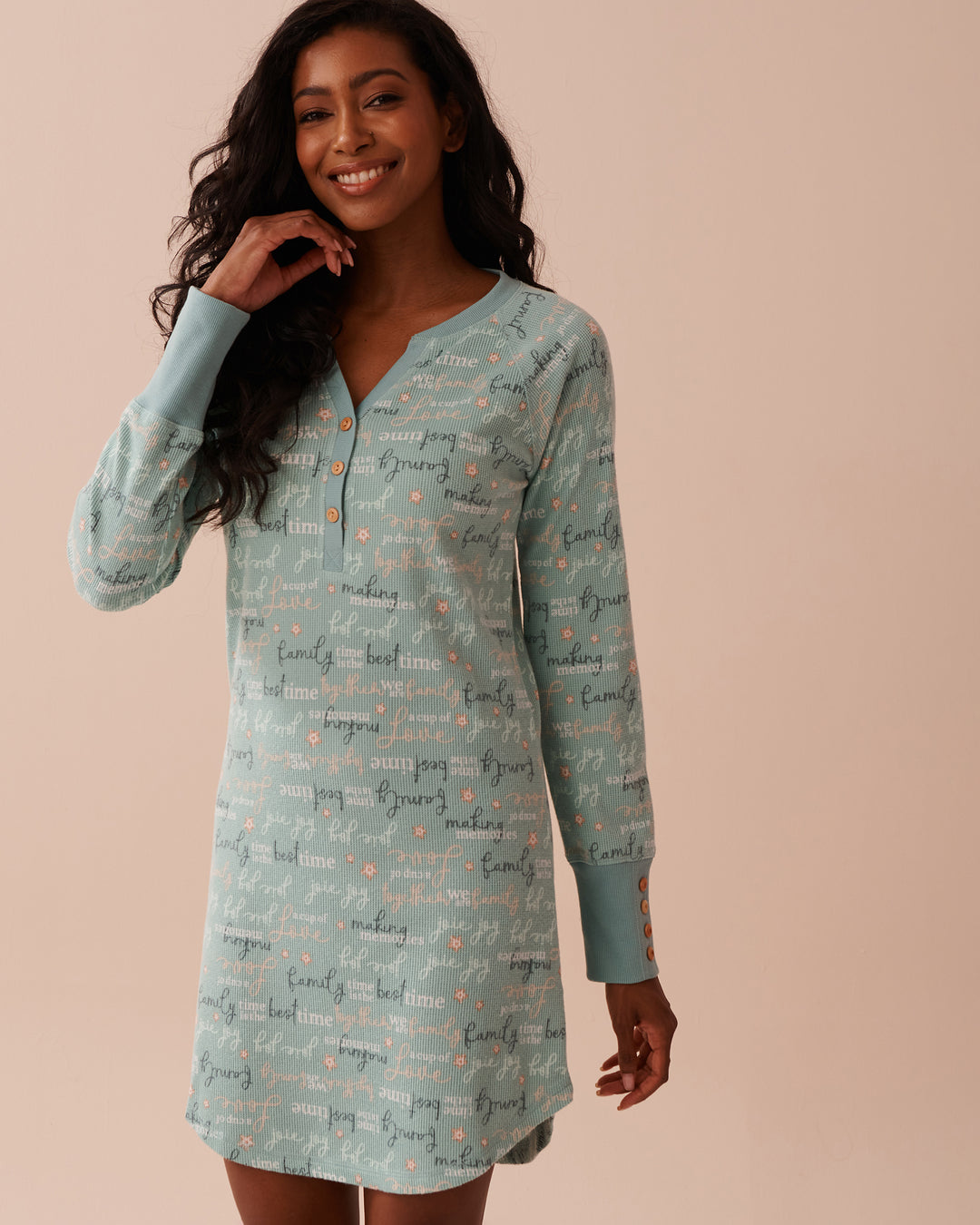 Winter Print Waffle Knit Long Sleeve Sleepshirt - Aquifer Wordings