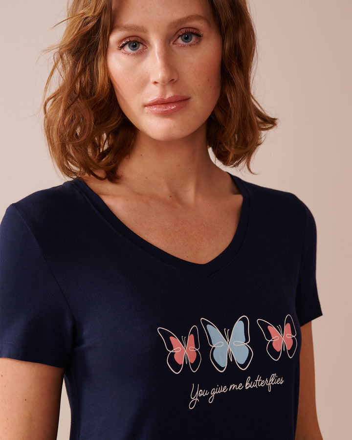 Butterfly Print Soft Jersey Short Sleeve Sleepshir - Maritime Blue