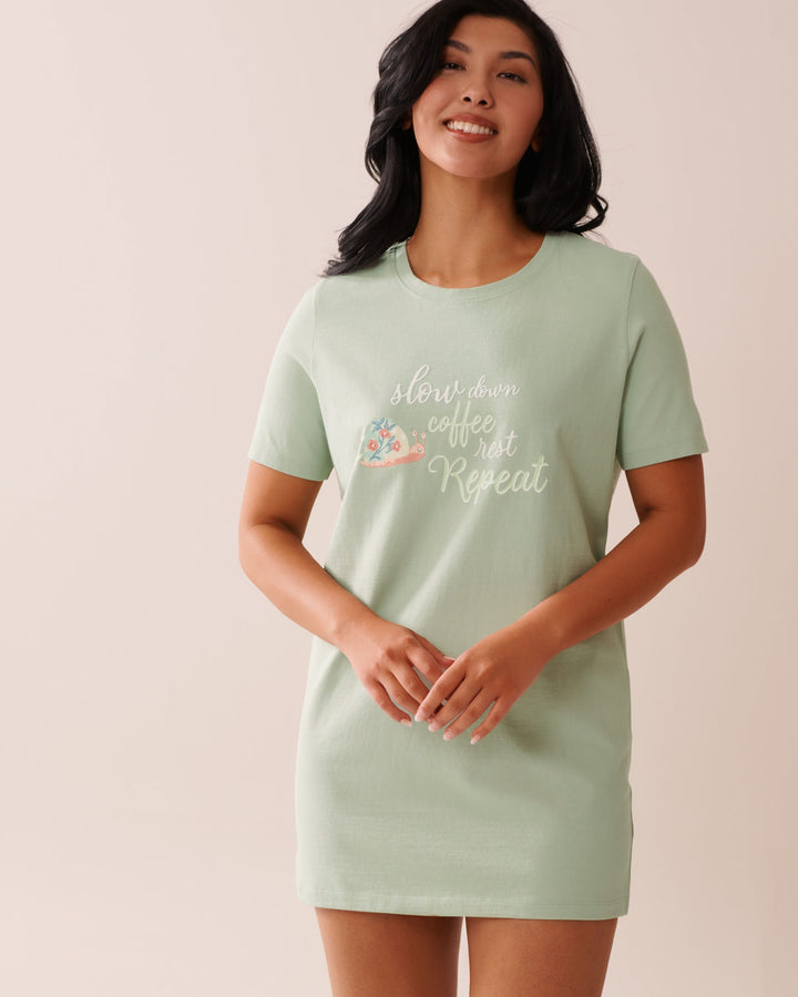 Snail Print Cotton Sleepshirt - Frosty Green