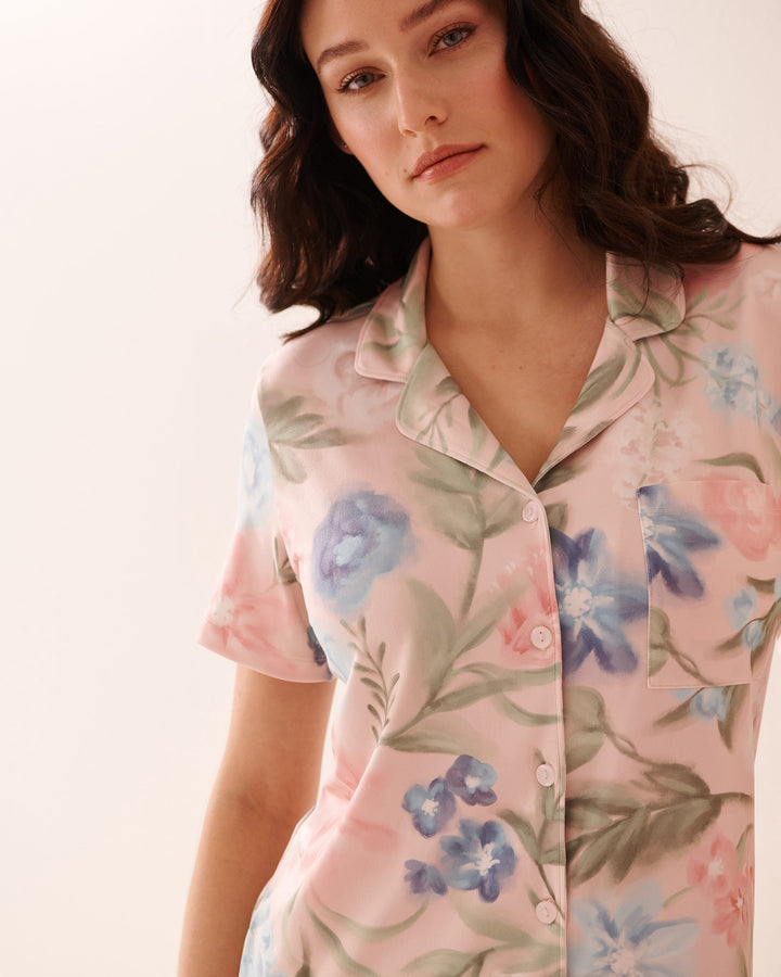 Watercolour Flower Print Super Soft Button-down Sl - Morganite Floral