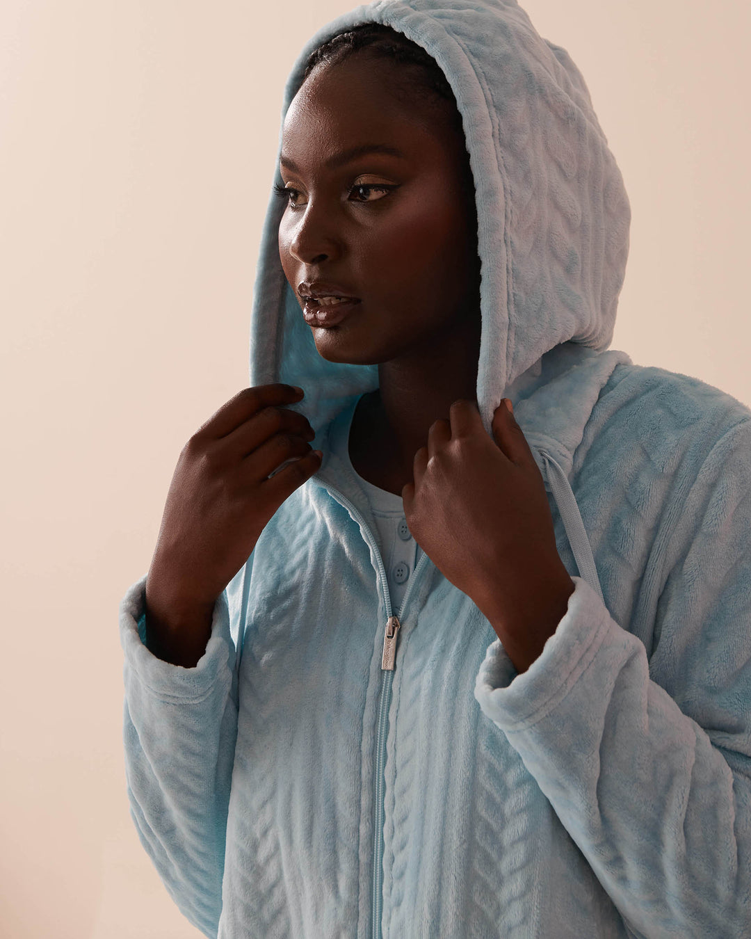 Recycled Fibers Cable Effect Soft Hooded Cardigan - Corydalis Blue Cable