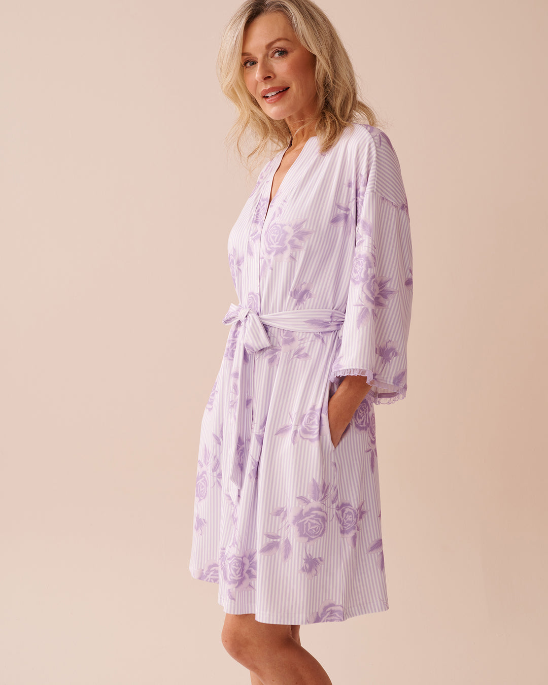 Lilac Rose Print Super Soft Kimono - Pastel Lilac Floral