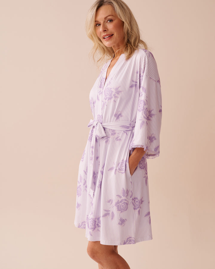 Lilac Rose Print Super Soft Kimono - Pastel Lilac Floral