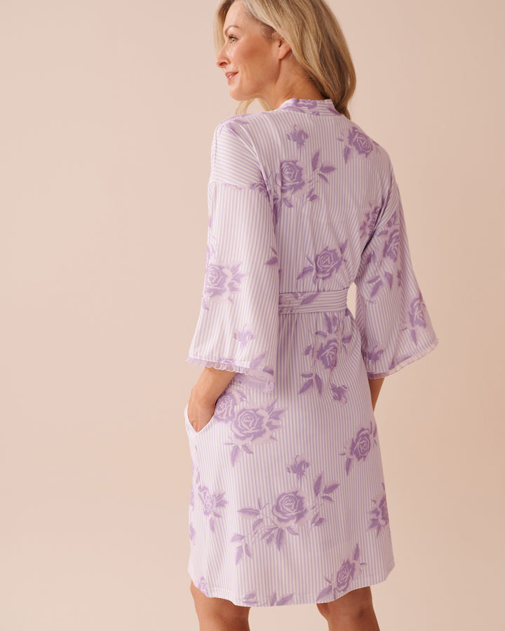 Lilac Rose Print Super Soft Kimono - Pastel Lilac Floral