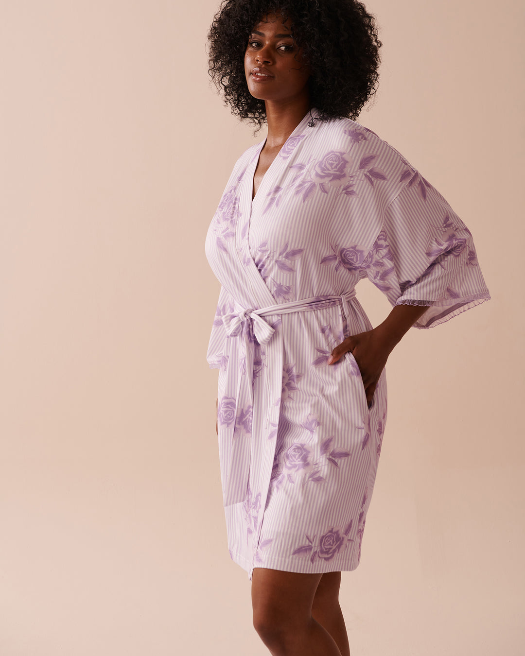Lilac Rose Print Super Soft Kimono - Pastel Lilac Floral