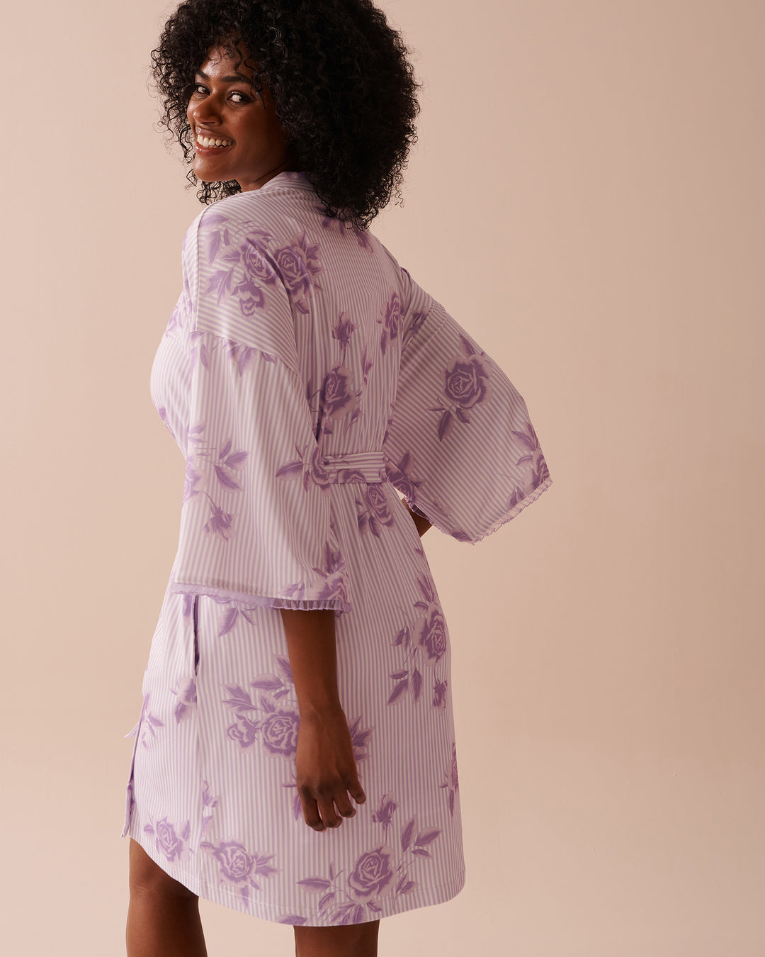 Lilac Rose Print Super Soft Kimono - Pastel Lilac Floral