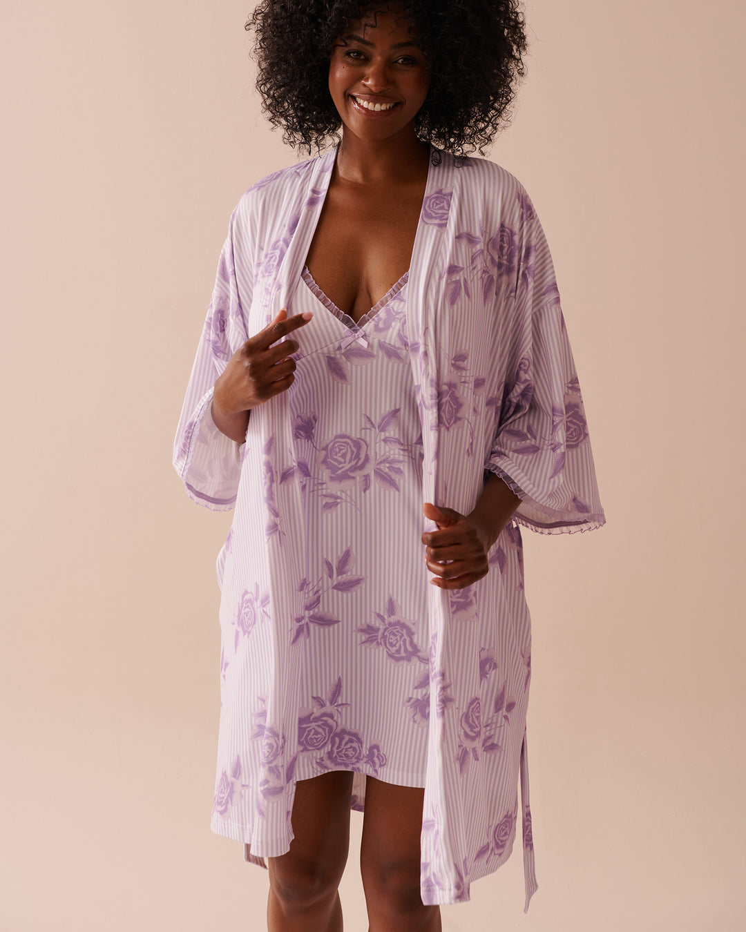Lilac Rose Print Super Soft Kimono - Pastel Lilac Floral