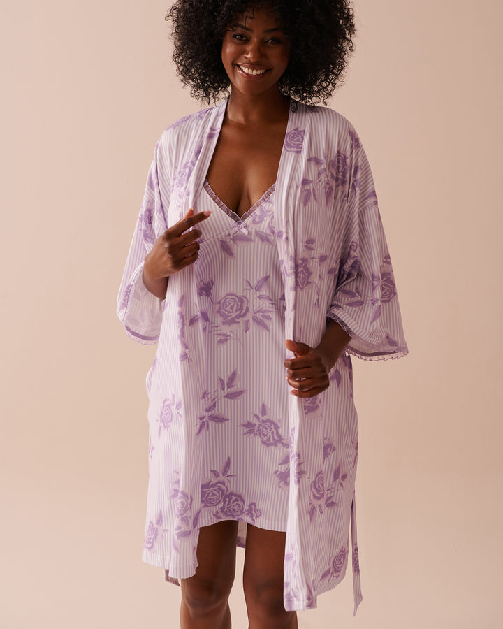 Lilac Rose Print Super Soft Kimono - Pastel Lilac Floral