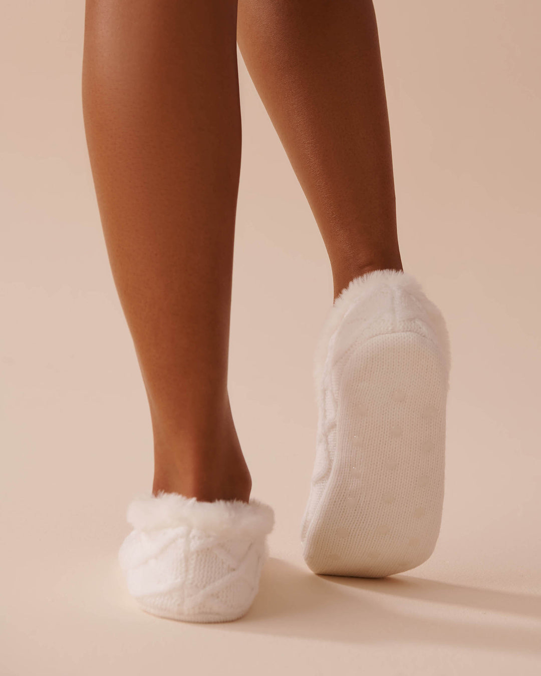 Cable-Knit and Faux Fur Slipper Socks - Lozenge Evening Blue